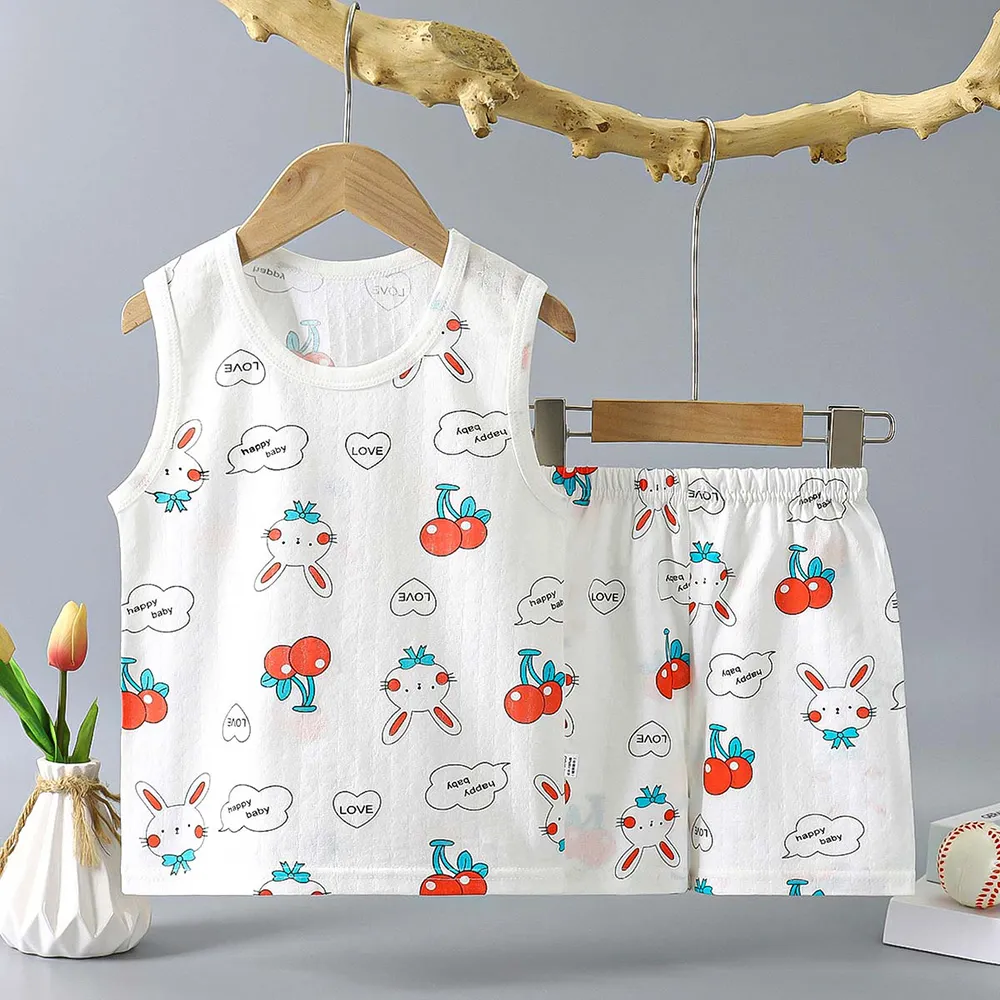 Boys-Sleeveless-T-Shirt-with-Shorts-Set-Cherry-Bunny-Print---White-